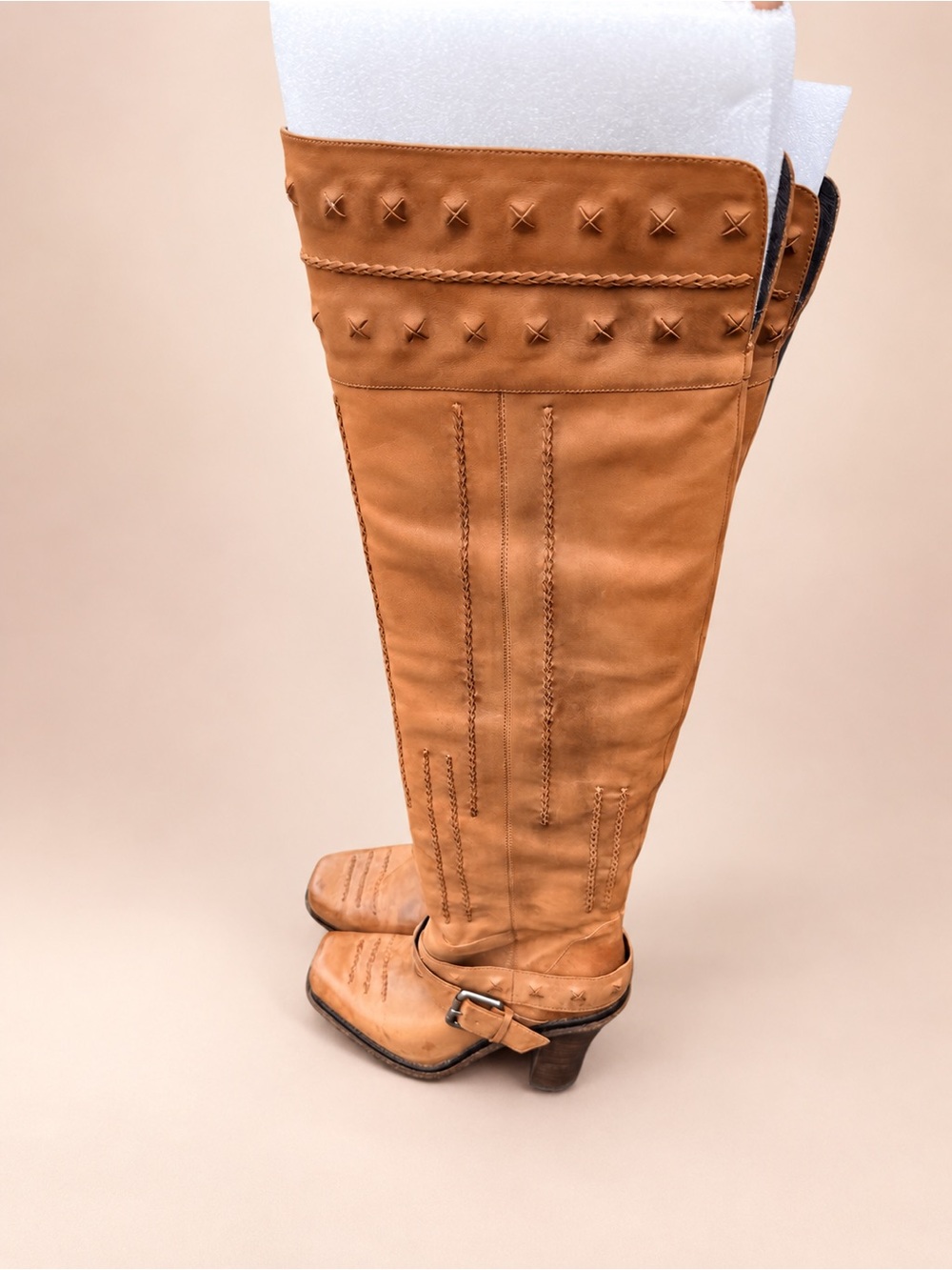Donald J. Pliner Tan Leather Over-the-Knee Buckle Boots